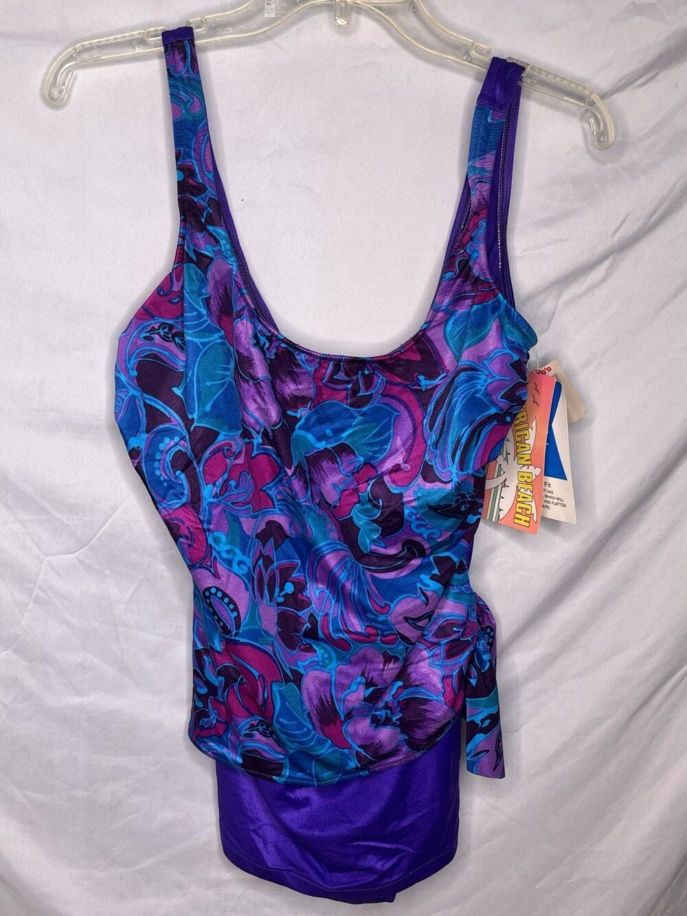 Purple Floral Sarong Swimsuit Side Sash Tag Sz 18 Union Made USA New Deadstock